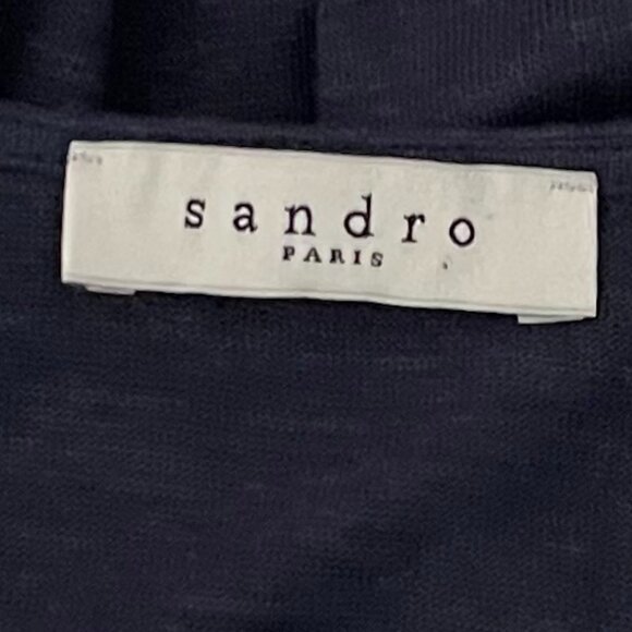 Sandro Paris Medium Large Long Sleeve V Neck Navy Linen Silk Blend Top - Picture 5 of 7